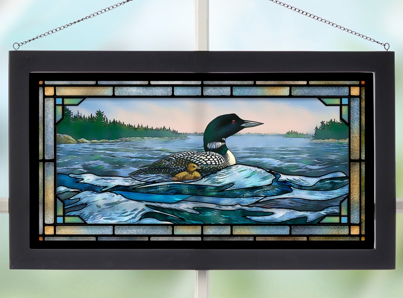 Stained Glass Panel Loon Motif Rustic Lodge Window Art