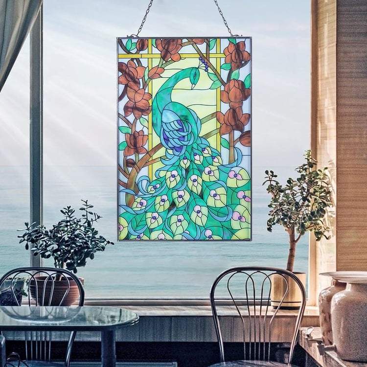 Stained Glass Panel Peacock Motif Art Deco Window Decor