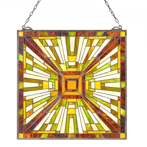 Stained Glass Panel Radiating Geometric Lines, Multi-Tonal.