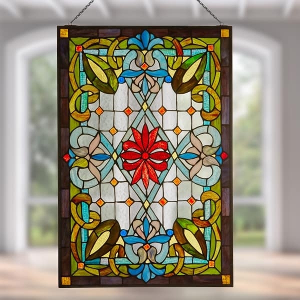 Stained Glass Panel Red Starburst Center, Textured Clear Glass.