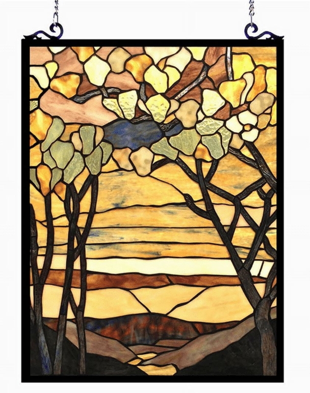 Stained Glass Panel Tree Silhouette, Amber Glass, Tiffany Style.
