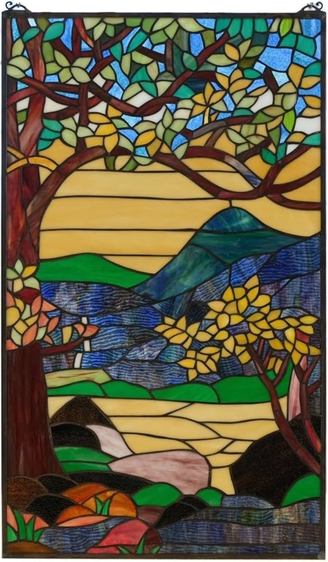 Stained Glass Panel Valley Landscape, Textured Water Glass.