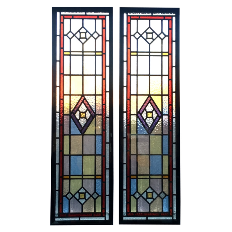 Stained Glass Panels Victorian Geometric Deep Red Border Diamond Motif