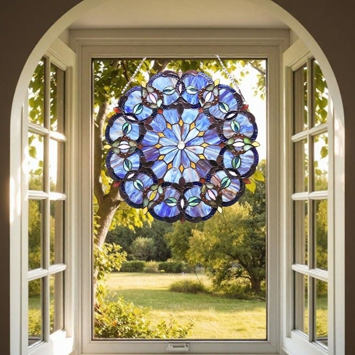 Stained Glass Suncatcher Victorian Floral Mandala Cobalt Blue Purple