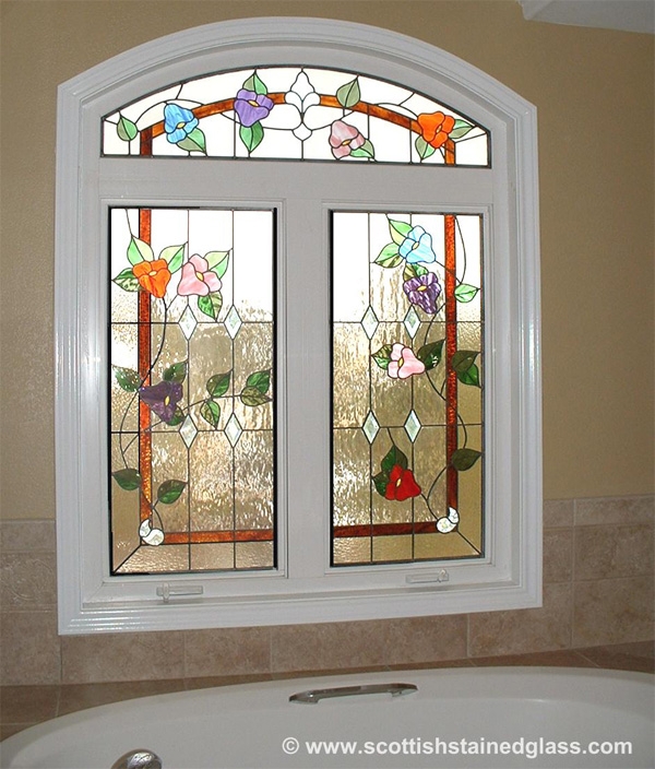 Stained Glass Window Arched Transom Floral Privacy Glass Bathroom