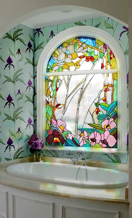 Stained Glass Window Coordinated Floral Theme Arched Botanical Bathroom