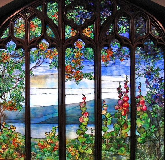 Stained Glass Window Gothic Arch, Landscape Mural, Leaded.