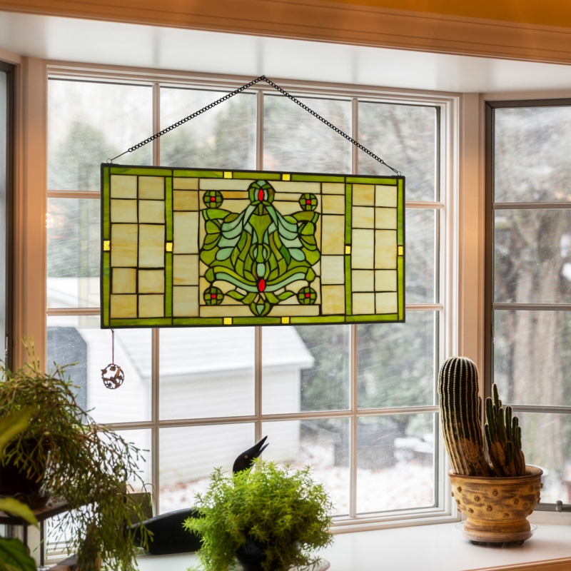Stained Glass Window Panel Victorian Olive Green Palette Scrollwork