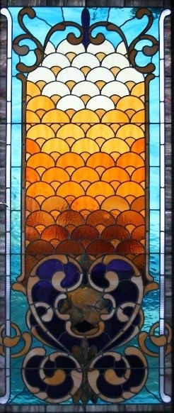 Stained Glass Window Scalloped Gradient Ornate Scrollwork Art Nouveau
