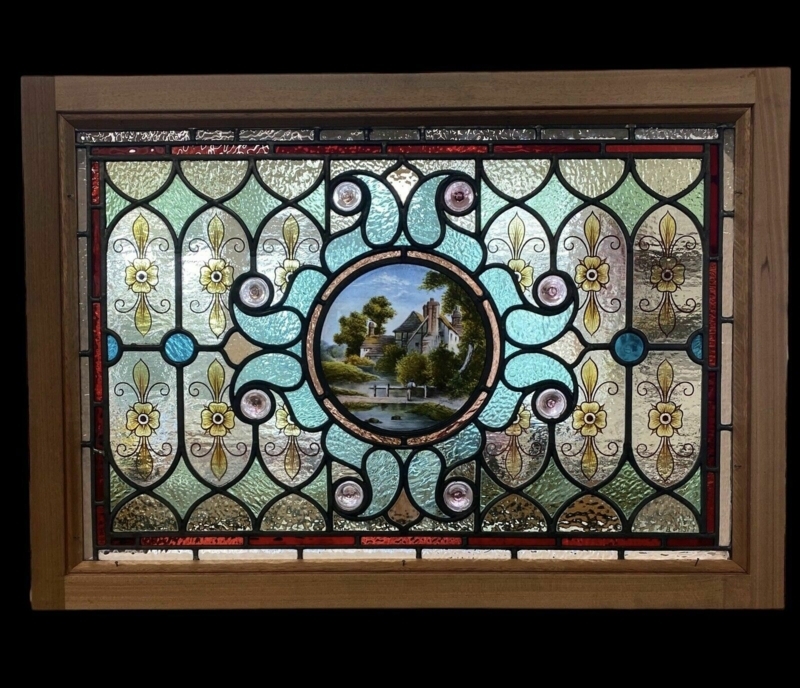 Stained Glass Window Victorian Hand Painted Landscape Ruby Red Border