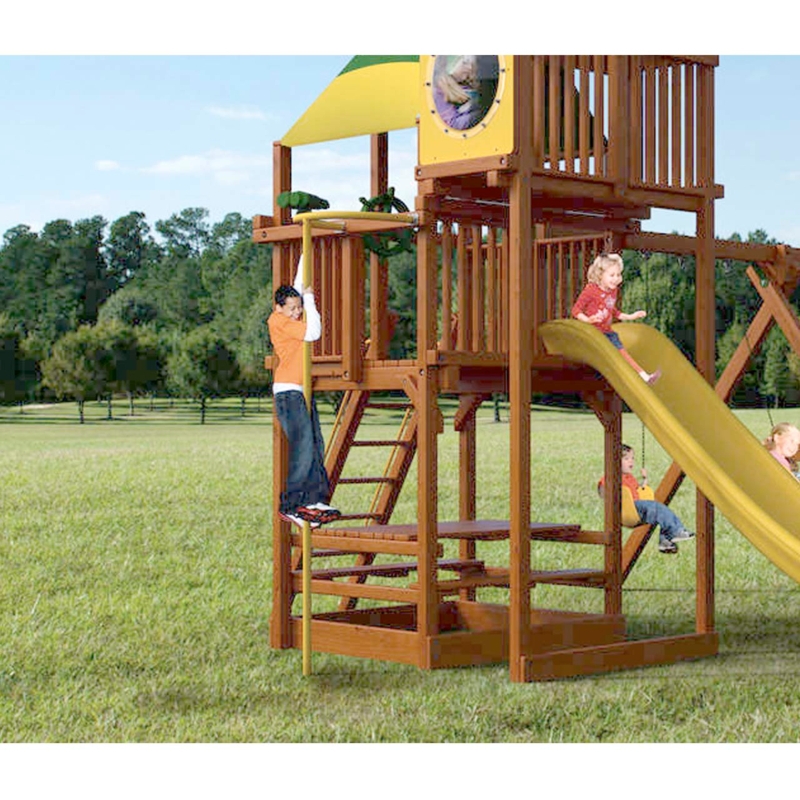 Stained Wood Multi-Level Backyard Playground with Yellow Fire Pole