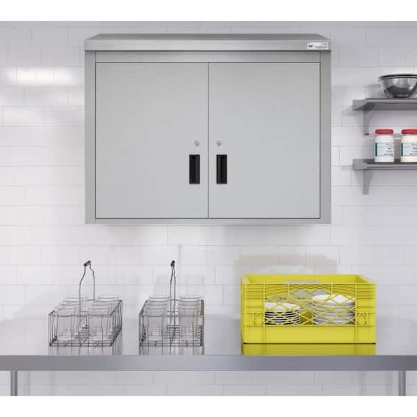 Stainless Wall Cabinet featuring Recessed Black Handles and Locking Doors