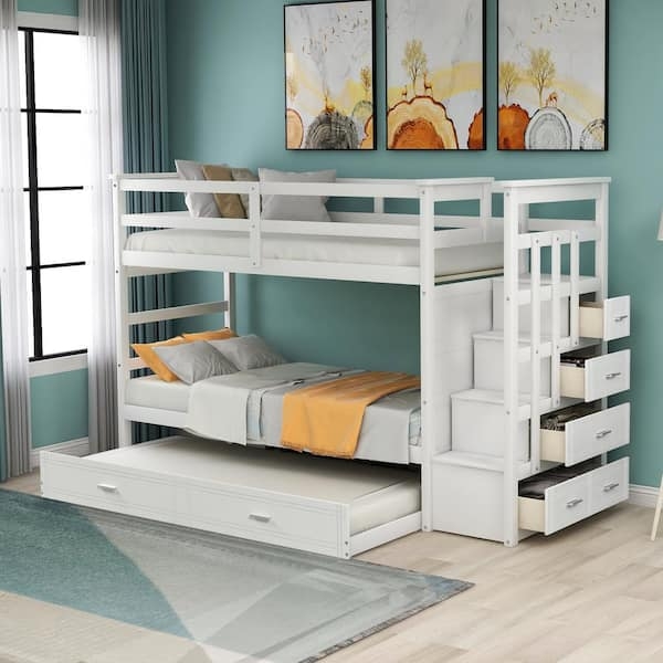 Staircase Bunk Bed with Trundle and Integrated Drawers in Crisp White