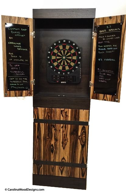 Standing Dartboard Cabinet with Figured Wood Panels and Chalkboards