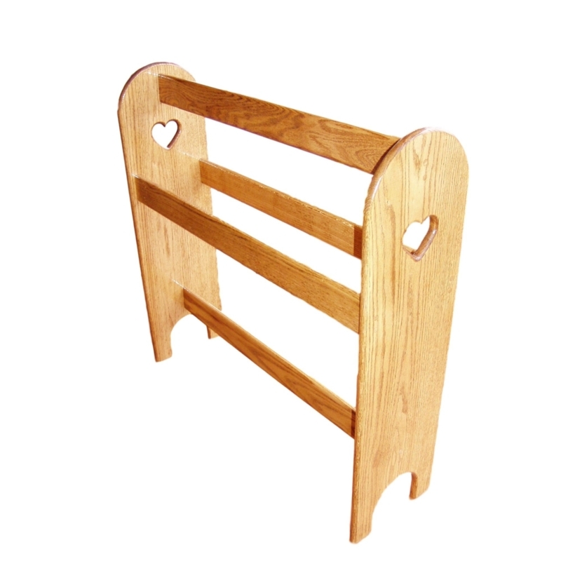 Standing Quilt Rack Triple Rung Heart Cutouts Solid Oak Rustic Country