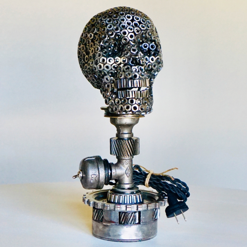 Steampunk Table Lamp with Hex Nut Skull and Gear Base
