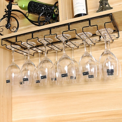 Stemware Rack Matte Black Metal Six Slots Under Cabinet Mount
