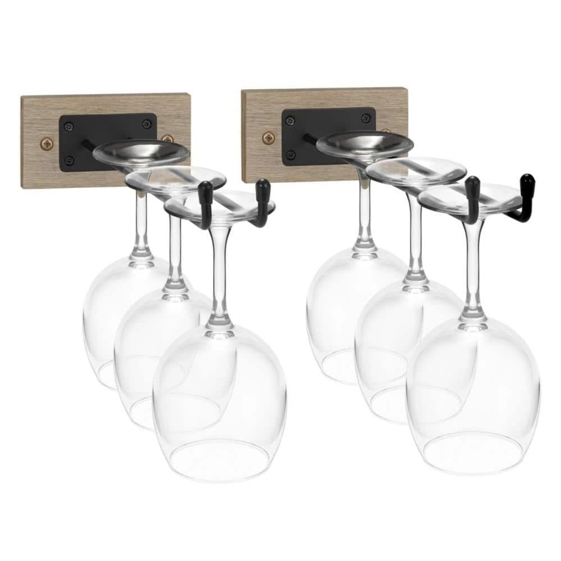 Stemware Rack Set Weathered Gray Wood Industrial Bar Glass Storage