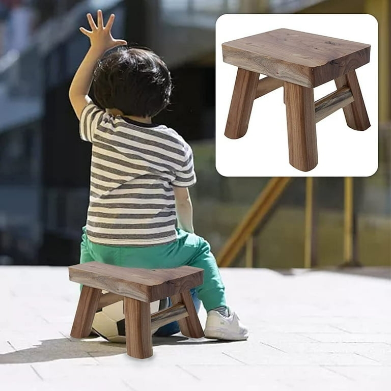 Step Stool Varnished Wood Thick Tapered Legs Rounded Corners Flared Base