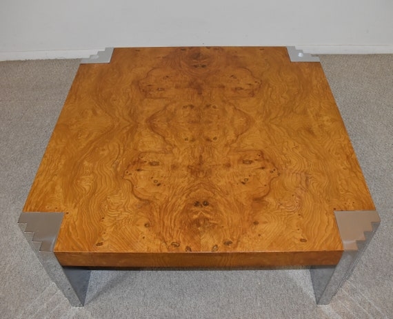 Stepped Chrome Leg Coffee Table with Figured Burl Wood Top