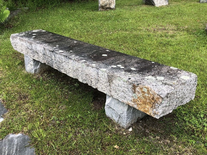 Stone Bench: Reclaimed Style, Lichen Spots, Rough Hewn Slab.