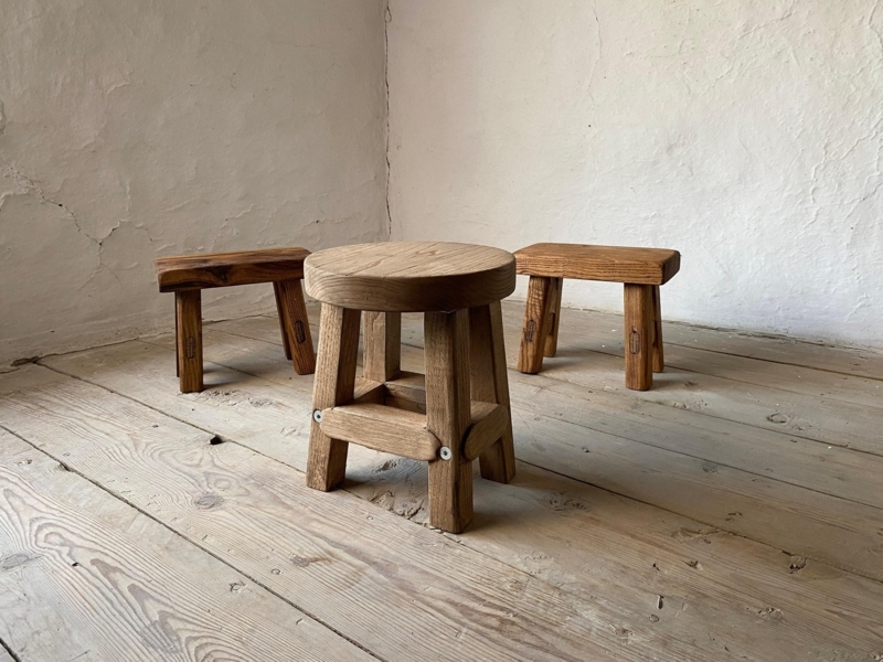 Stool Reclaimed Barnwood Round Seat Cross Bracing Rustic Farmhouse Handcrafted