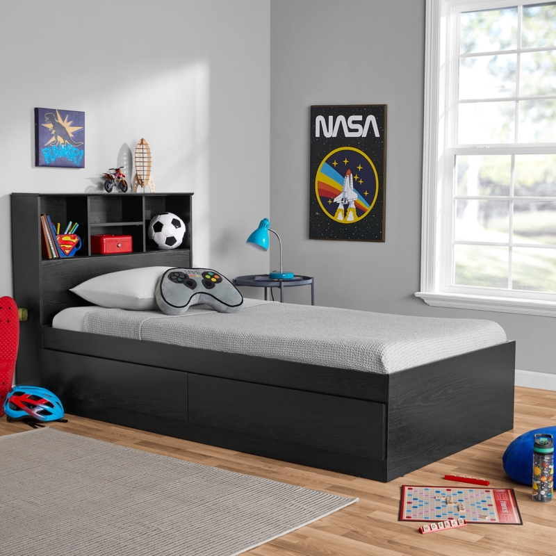 Storage Bed, Bourbon Brown Finish, Bookcase Headboard, Matte Wood Grain
