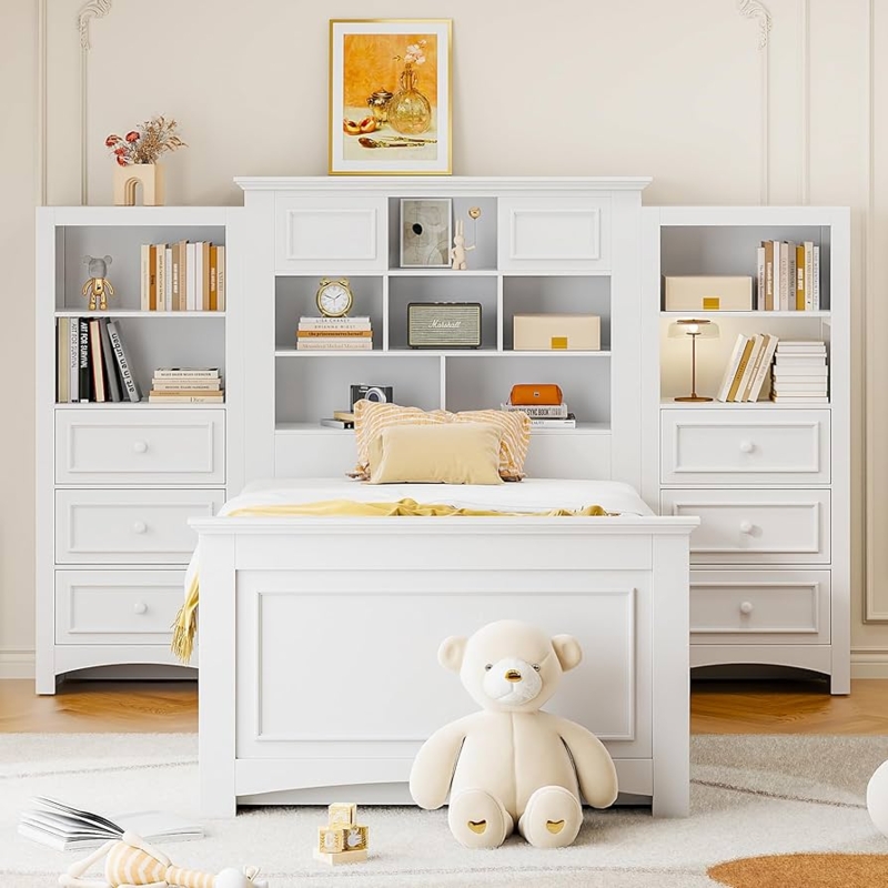 Storage Bed, Bright White, Ten Drawer Capacity, Flanking Towers, Shelves