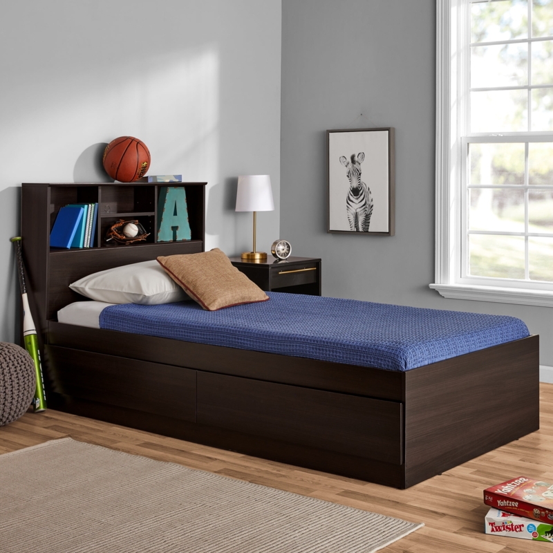 Storage Bed, Espresso Brown Finish, Bookcase Headboard, Open Cubbies