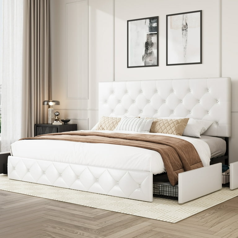 Storage Bed King, Faux Leather, Diamond Tufted with Wire Drawers