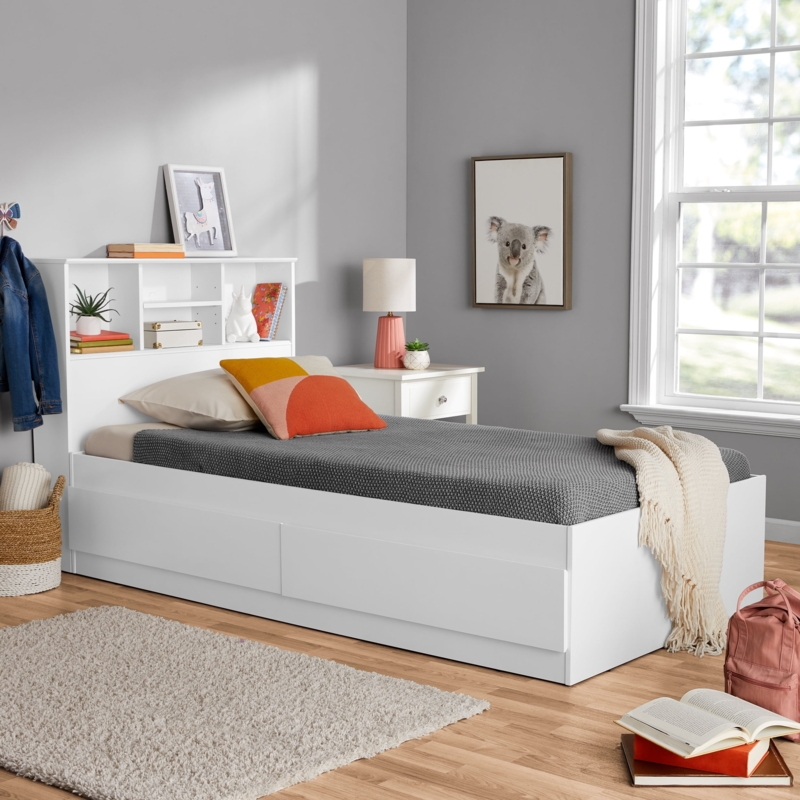 Storage Bed, Matte White, Bookcase Headboard, Open Shelving Cubbies