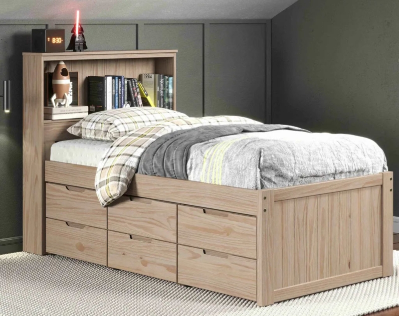 Storage Bed, Natural Blonde Wood, Six Drawers, Cut-Out Pulls, Bookcase