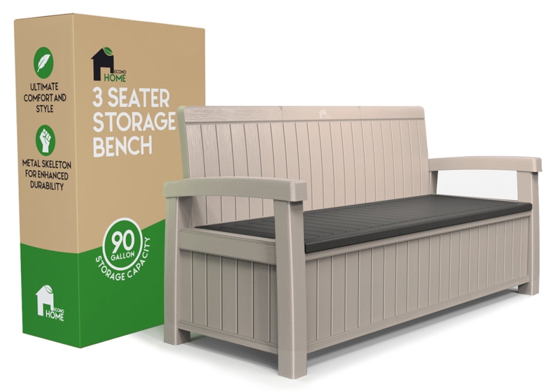 Storage Bench 90 Gallon Beige Resin Three Seater Metal Skeleton