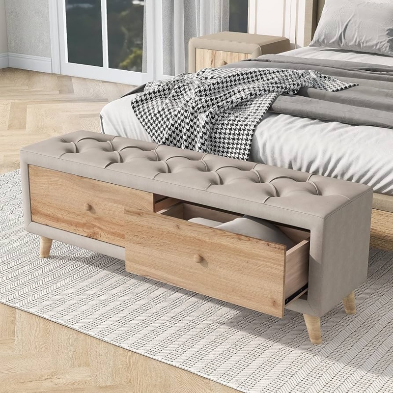 Storage Bench: Beige Button Tufted with Wood Drawer Fronts