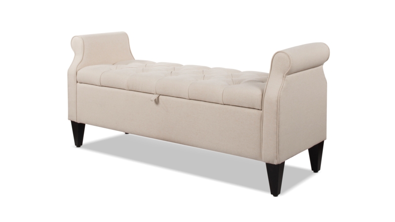 Storage Bench: Beige Upholstery with Diamond Tufting and Roll Arms
