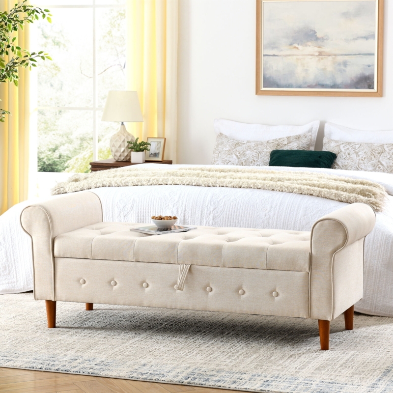Storage Bench: Beige Woven Canvas with Rolled Arms and Button Tufting