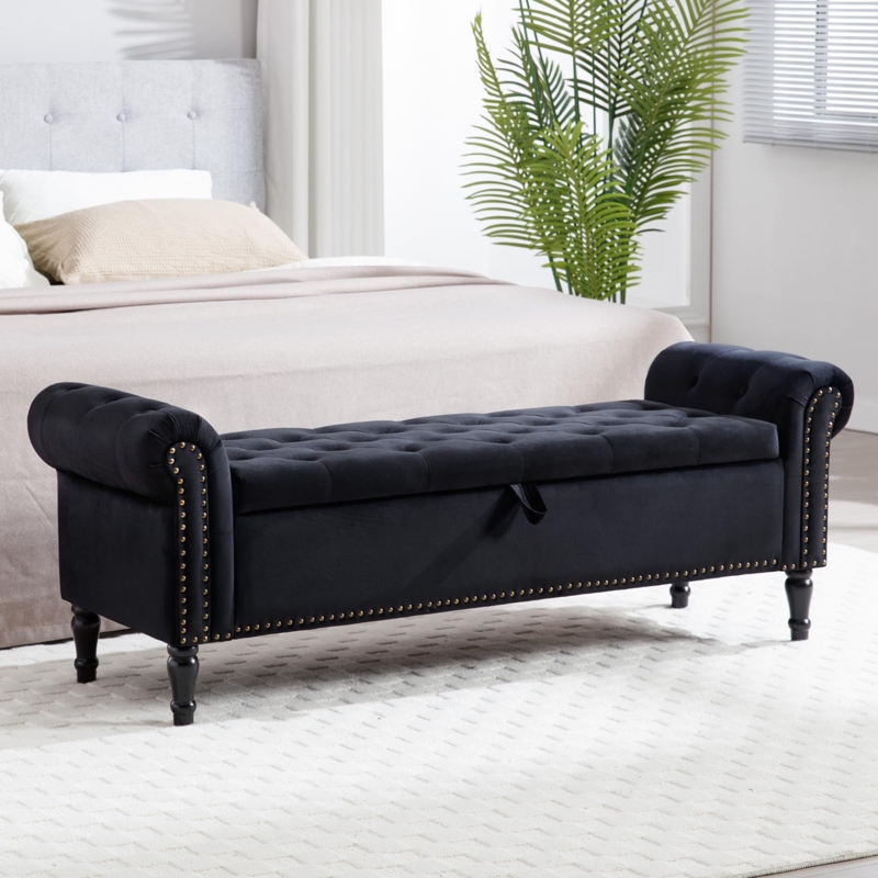 Storage Bench Black Velvet Rolled Arms Gold Nailhead Trim Glam