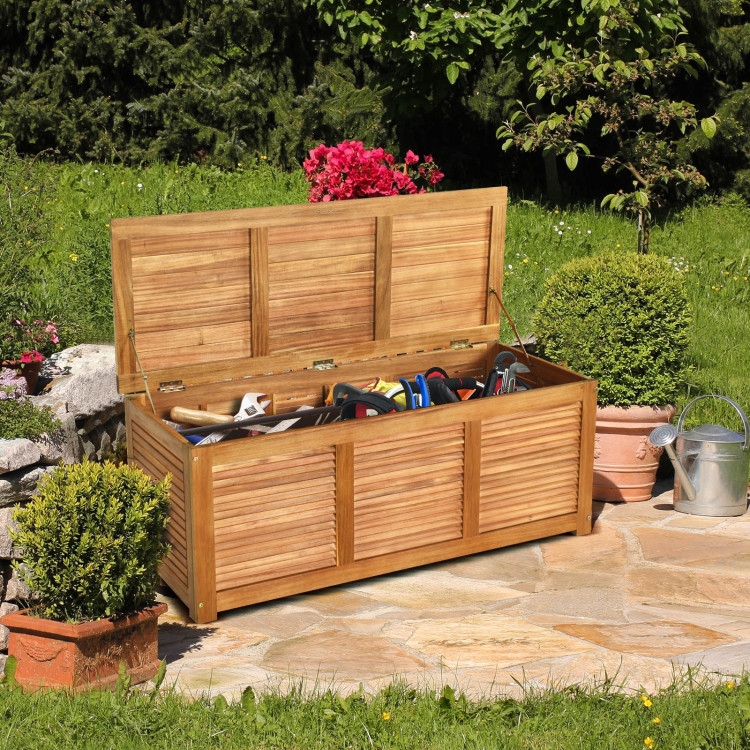 Storage Bench Box: Louvered Wood with Hinged Lid Stays