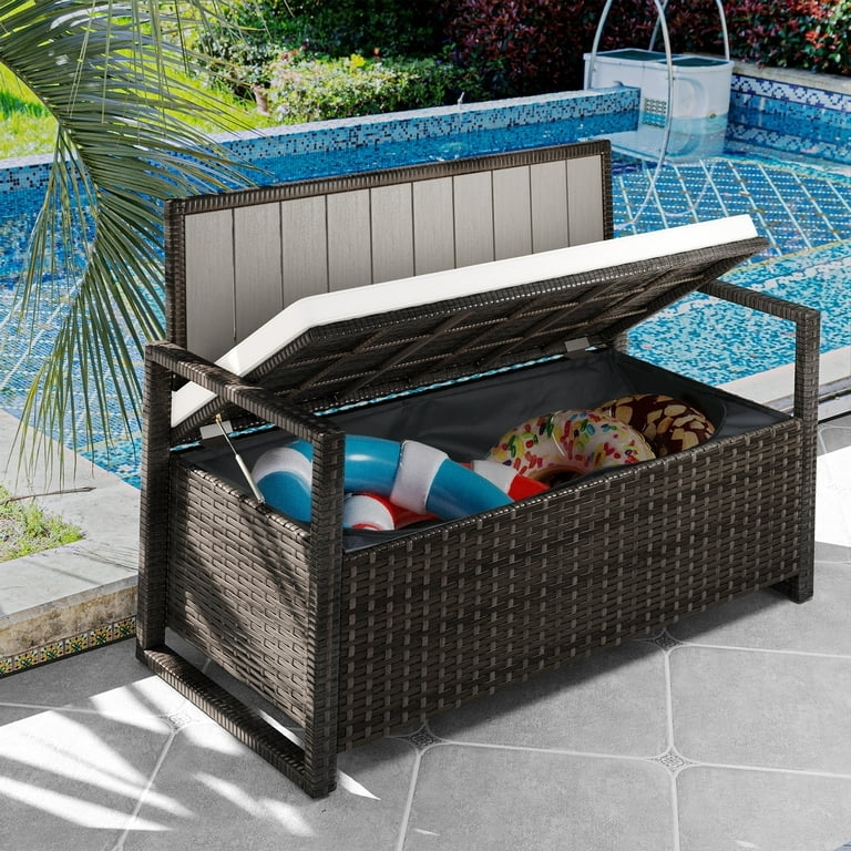 Storage Bench, Brown Wicker Loveseat with Hydraulic Stay Hinge