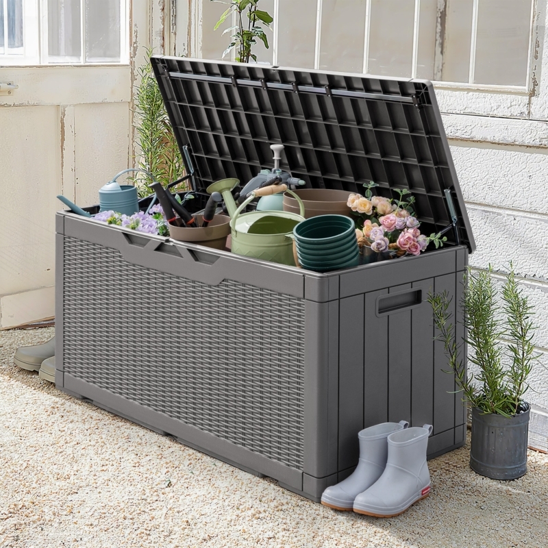 Storage Bench Charcoal Gray Resin Woven Front 60 Gallon Capacity