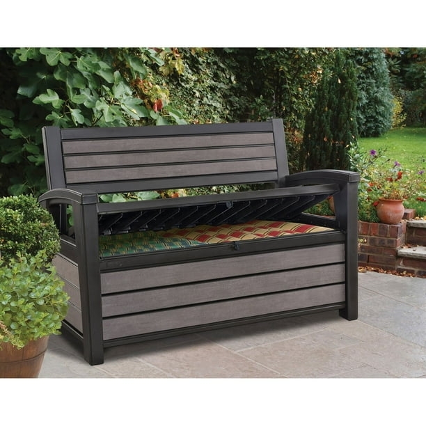 Storage Bench Charcoal Grey Resin Slat Paneling Hidden Storage Seat