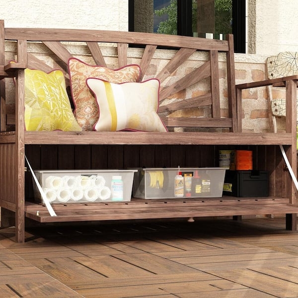Storage Bench Dark Brown Wood Sunburst Back Drop Down Storage