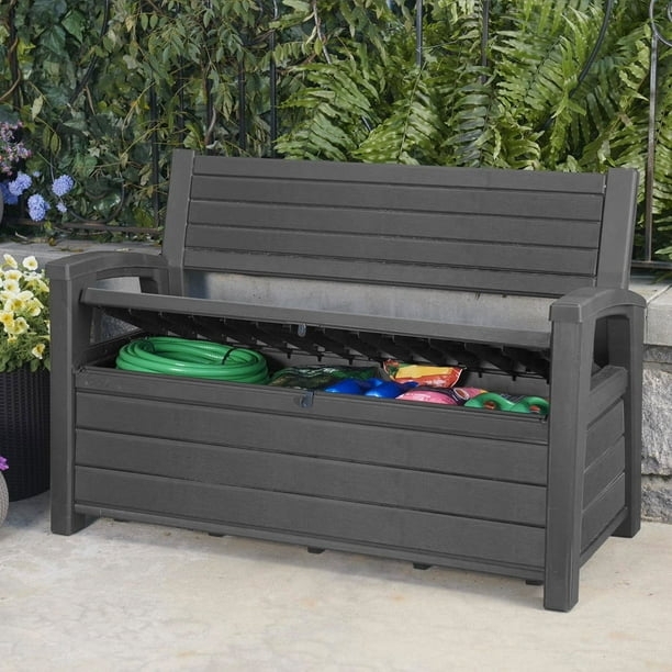 Storage Bench Graphite Gray Plastic Slat Panel Design Lift Up Seat