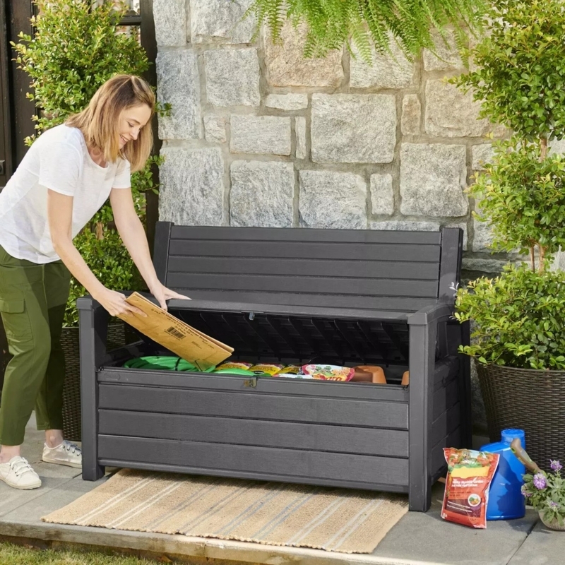 Storage Bench Graphite Gray Resin Wood Grain Texture Slatted Panels