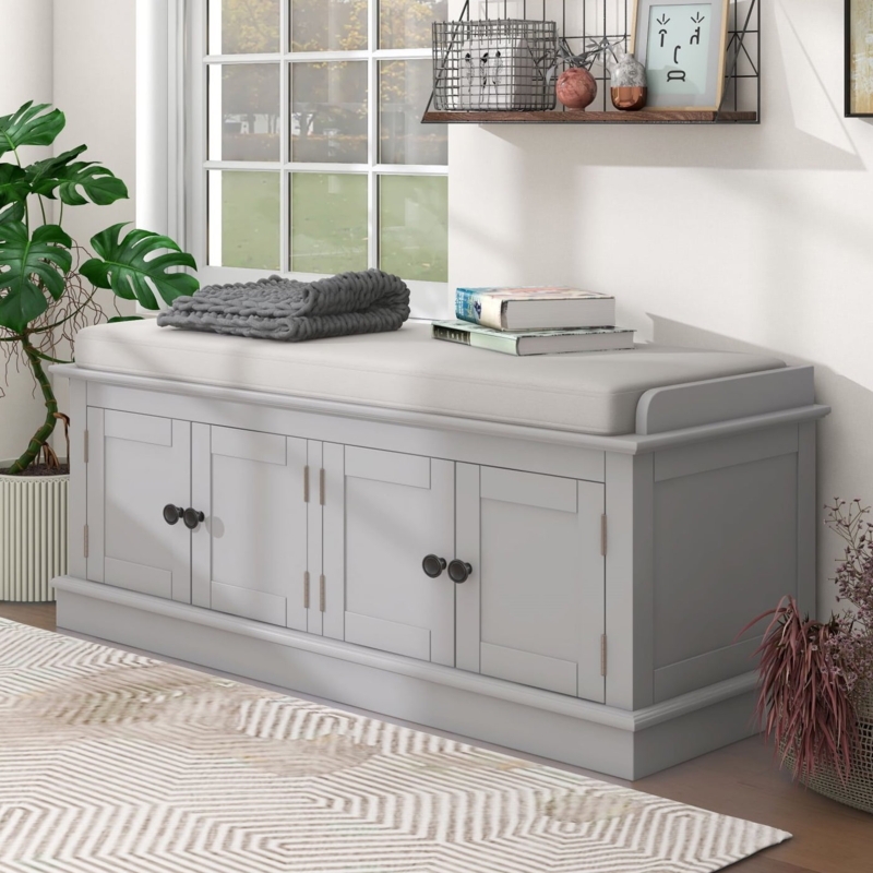 Storage Bench: Gray Wash Finish with Four Shaker Doors