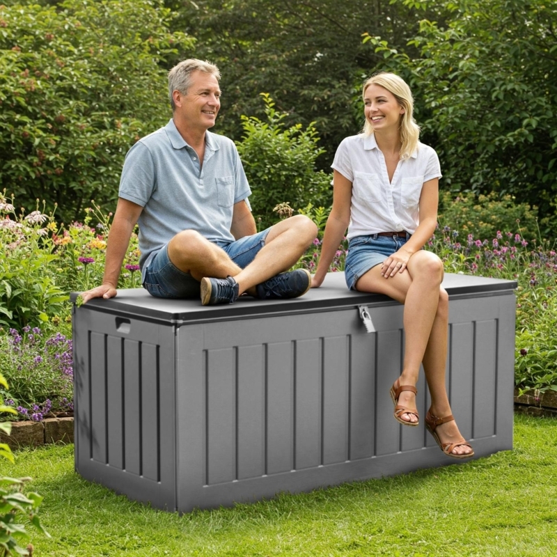Storage Bench Grey Resin Vertical Paneling Lockable Latch