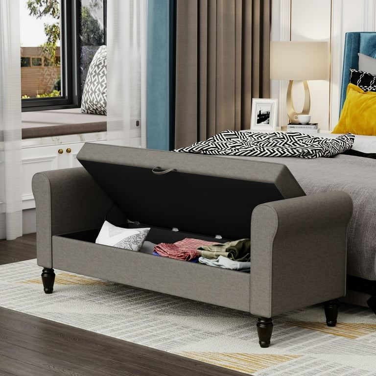 Storage Bench Heather Gray Flip Top Lid Rolled Arms Turned Legs