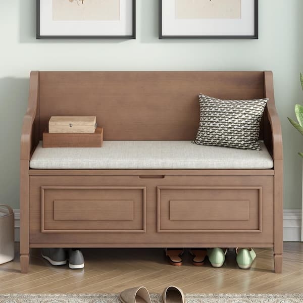 Storage Bench Hidden Storage Wood Toned Recessed Paneling Sloped Arms