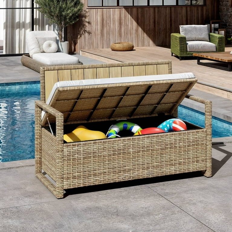 Storage Bench, Honey Brown Wicker Poolside Seat with Hidden Storage