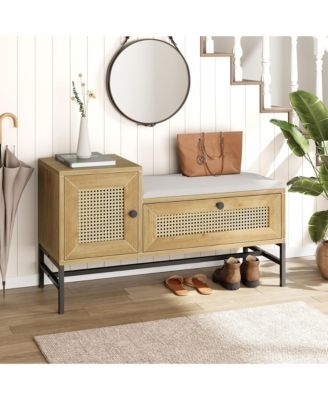 Storage Bench Honey Oak Cane Webbing Split Level Top Black Metal Frame